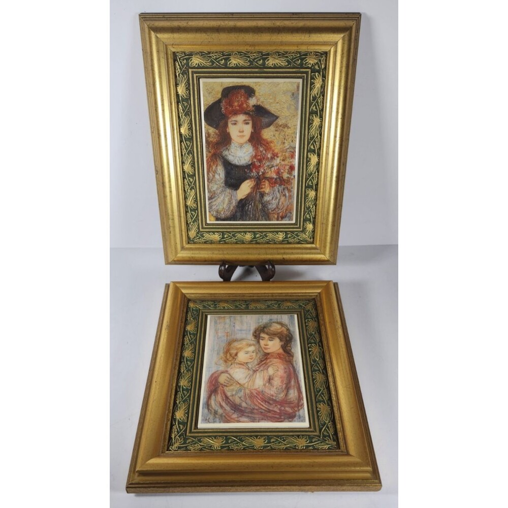 2 Signed Edna Hibel Framed Ceramic Tile Pieces "Harmony" &"Amy Rebecca" 10.5x8.5